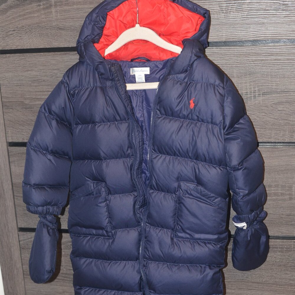 Ralph Lauren Snowsuit Size 24M with detachable mittens zip up red logo